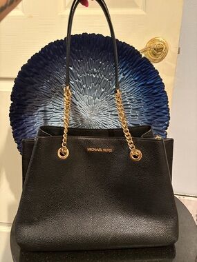 Michael Kors Teagan Pebbled Black Leather Shoulder Bag with Gold Chain Straps